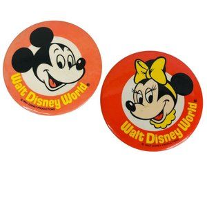 2 Walt Disney World Mickey Mouse & Minnie Pin Back Button 3.5" Orange Production